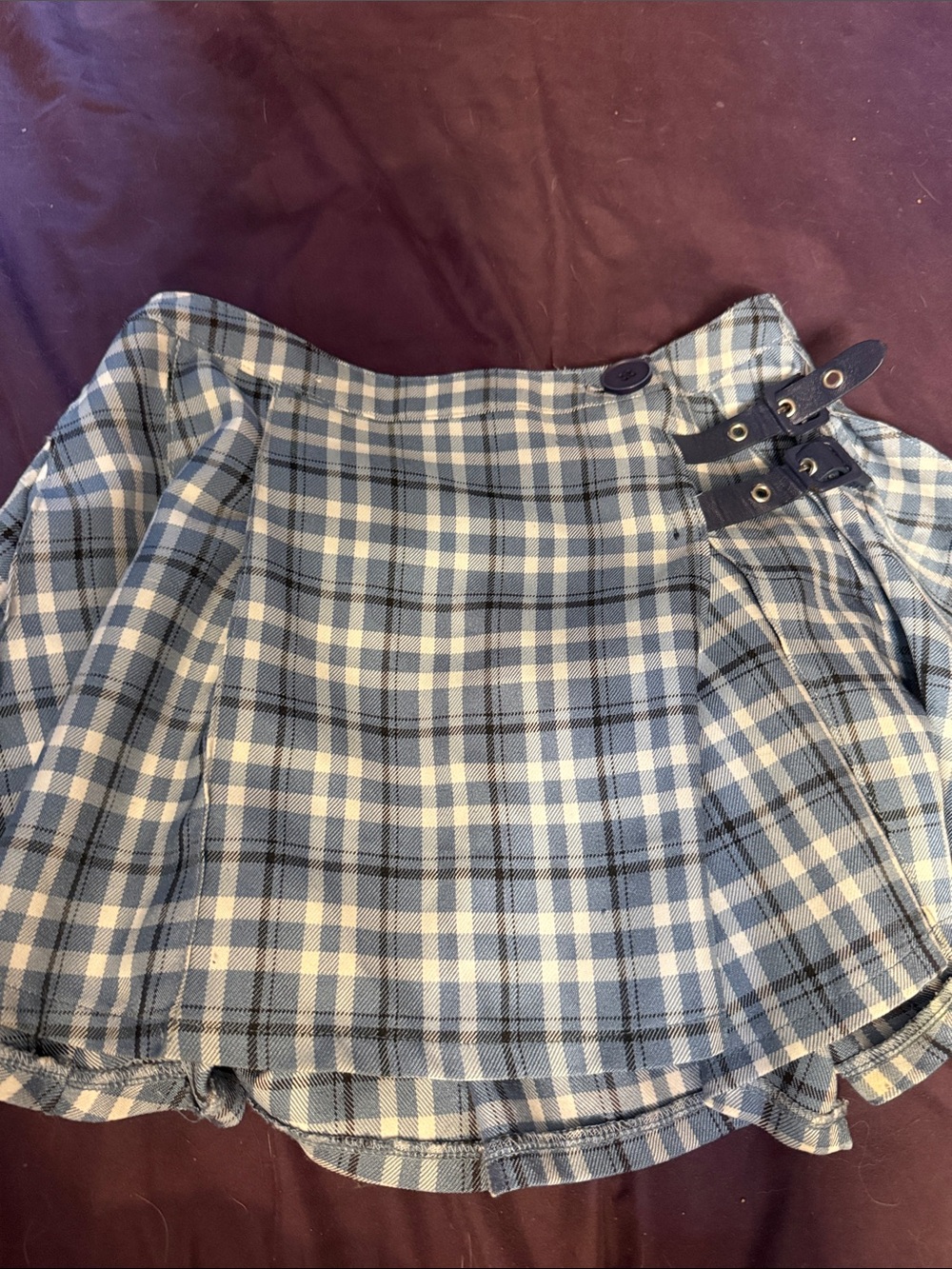 Sugar Thrillz Blue and White Plaid Wrap Skirt with Buckle